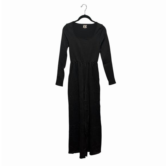 OQQ Pants - OQQ Black Square Neck Long Sleeve Wide Leg Jumpsuit Small